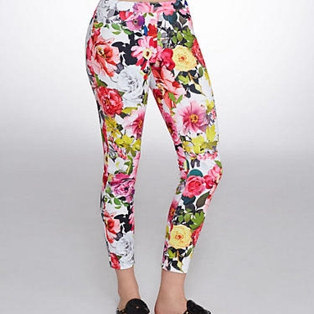 Hue Leggings Floral Luster Twill MultiColor Skimmer Leggings M NWT